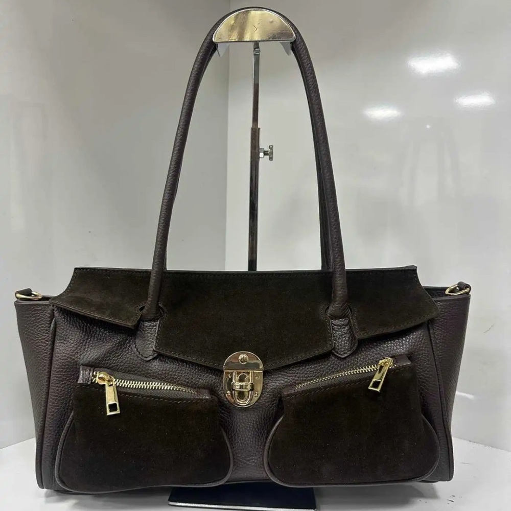 Made in Italy- Chic dark brown Shoulder Bag Genuine Leather - Picture 2 of 13